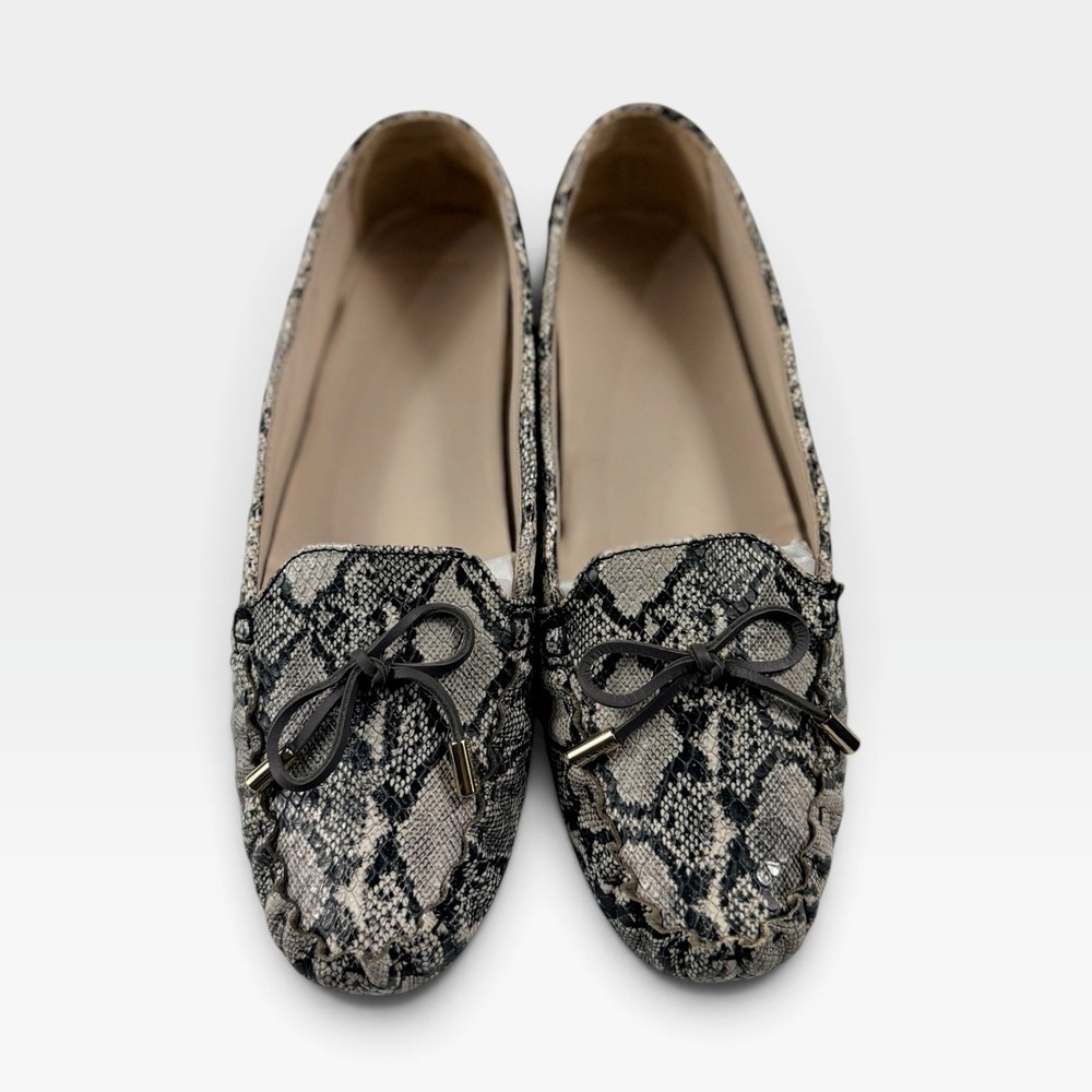 Cole Haan Cary Driver Womens 10.5B Black Grey Snake Print Leather Loafers NEW